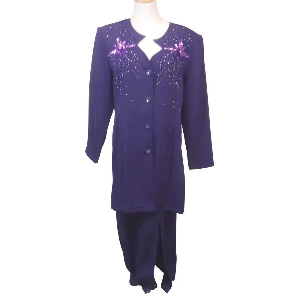 Vintage Dolce Purple Sequin‎ Floral Longline Blazer Maxi Skirt Suit Set Size L